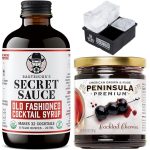 USDA Organic Bartender’s Secret Sauce Old Fashioned Mix 8oz (Handcrafted, Makes 32 Cocktails) + Gourmet 10.5oz Peninsula Premium Cocktail Cherries + 2”x2” Ice Mold for Whiskey Cocktails & Home Bars